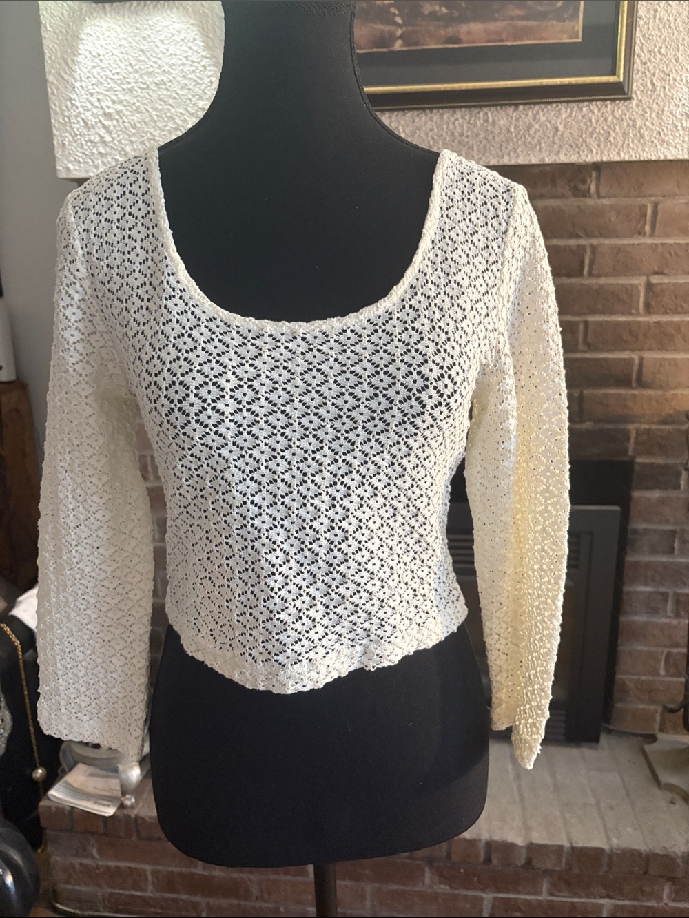 MINKPINK Cream Crochet Scoop Neck Long Sleeve Crop Top